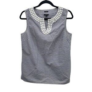 Talbots Stretch Navy White Stripe Preppy Nautical Beaded Notched‎ V-Neck Tank 8
